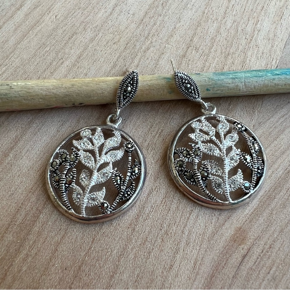 925 Sterling silver dangle earrings on posts marcasite formal